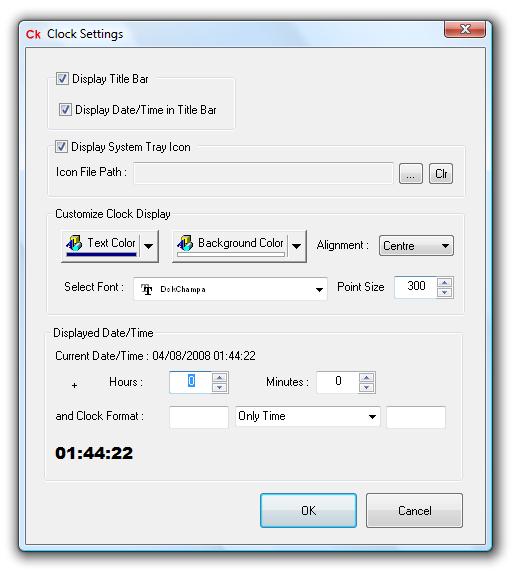 Screenshot of a dialog box to customize desktop clock including clock's font, displayed time, etc