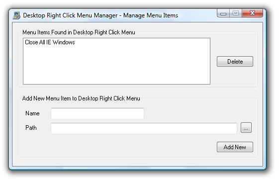 Screenshot of Desktop Right Click Menu Manager taken on Windows Vista