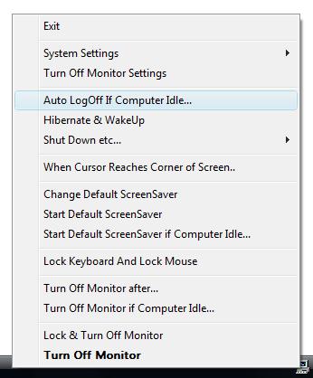 Select Auto Log Off If Computer Idle from Turn Off Monitor System Tray Menu