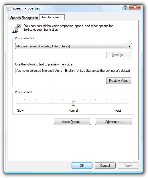 Text to Speech Voices Listed in Speech Panel of Control Panel (Screenshot taken on Windows Vista)